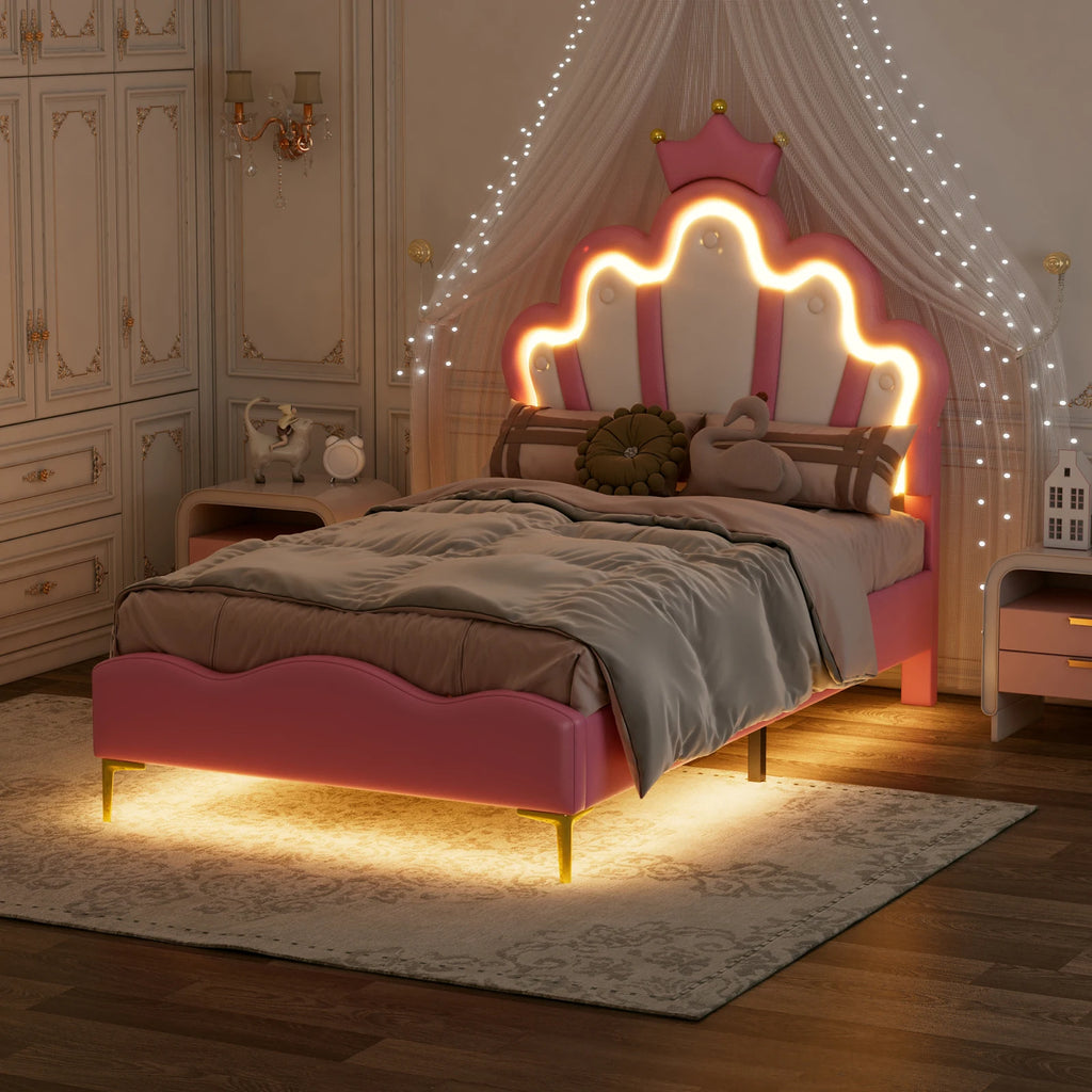 Rosahqnda Children's bed girls Single bed Double Bed Children bed Princess Crown Shape bed Adjustable Headboard