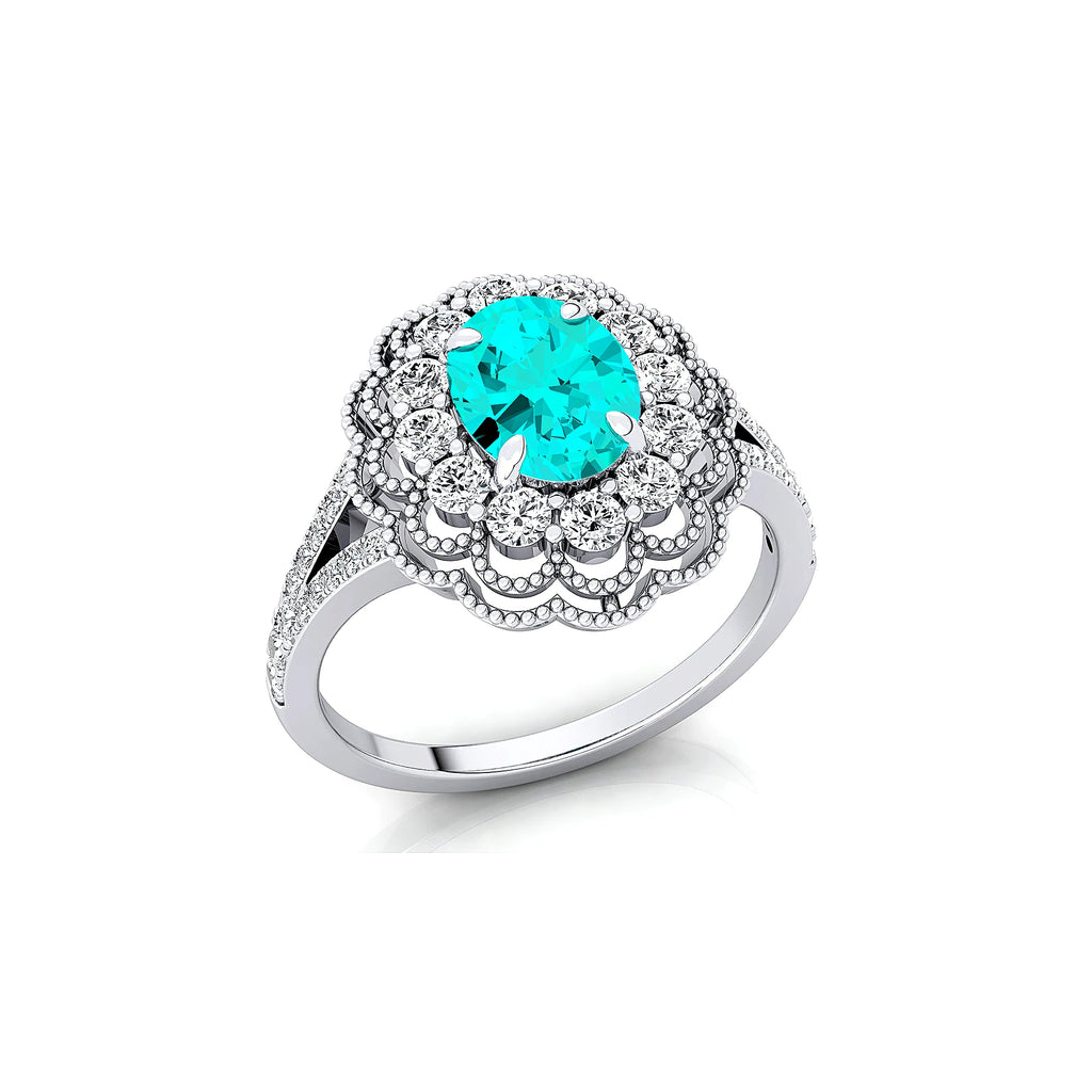 Unisex Wedding Anniversary Rings in 18k Solid Gold Rhodium Plated Lab Paraiba Tourmaline Real Diamonds Halo Solitaire Ring Gift