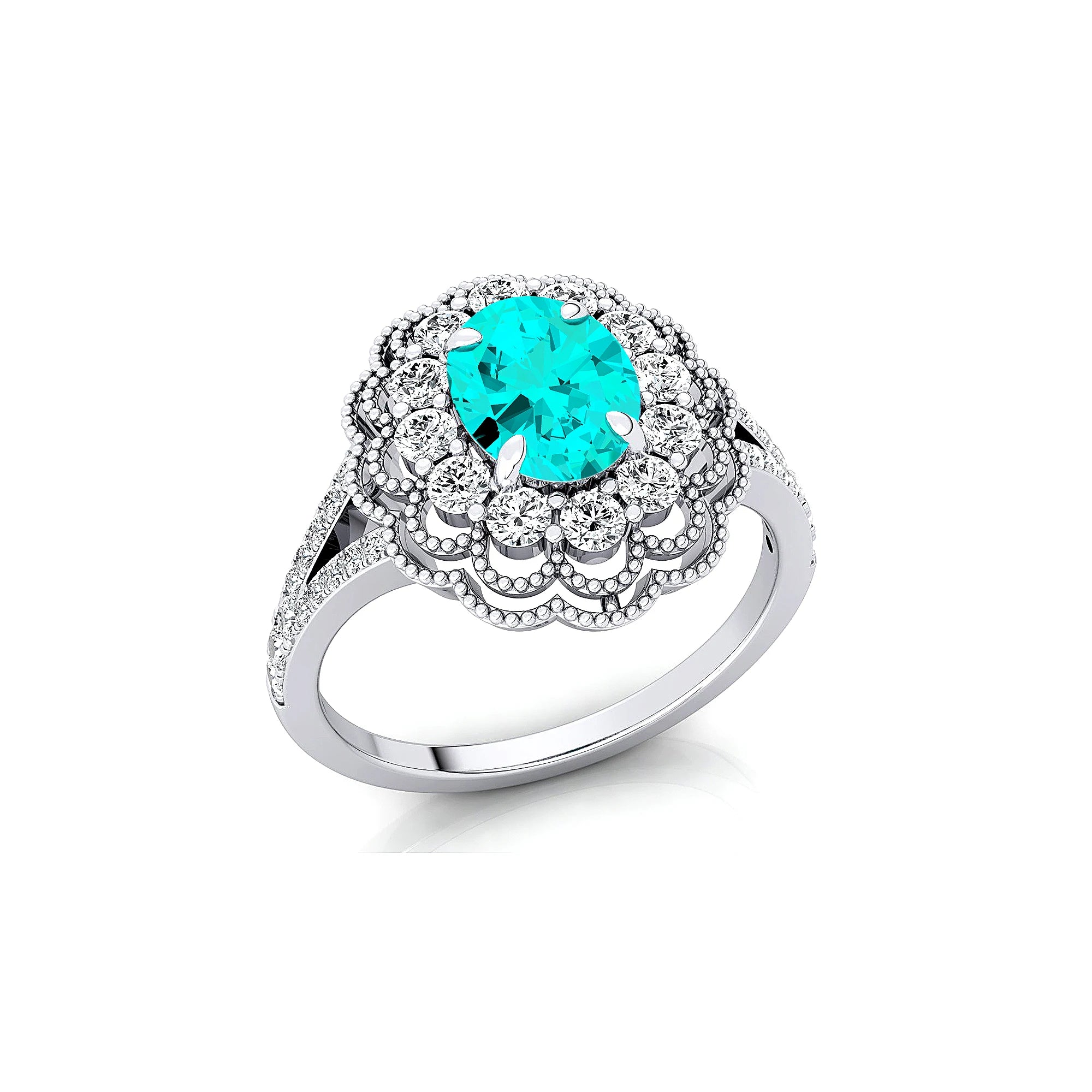 Unisex Wedding Anniversary Rings in 18k Solid Gold Rhodium Plated Lab Paraiba Tourmaline Real Diamonds Halo Solitaire Ring Gift
