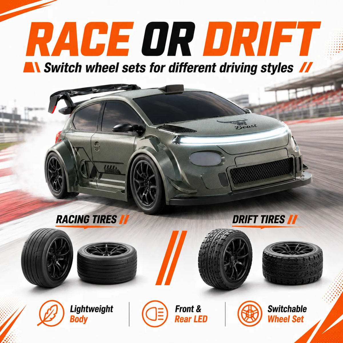 1:24 RC Drift Car 4WD With LED Lights & Swap Tires