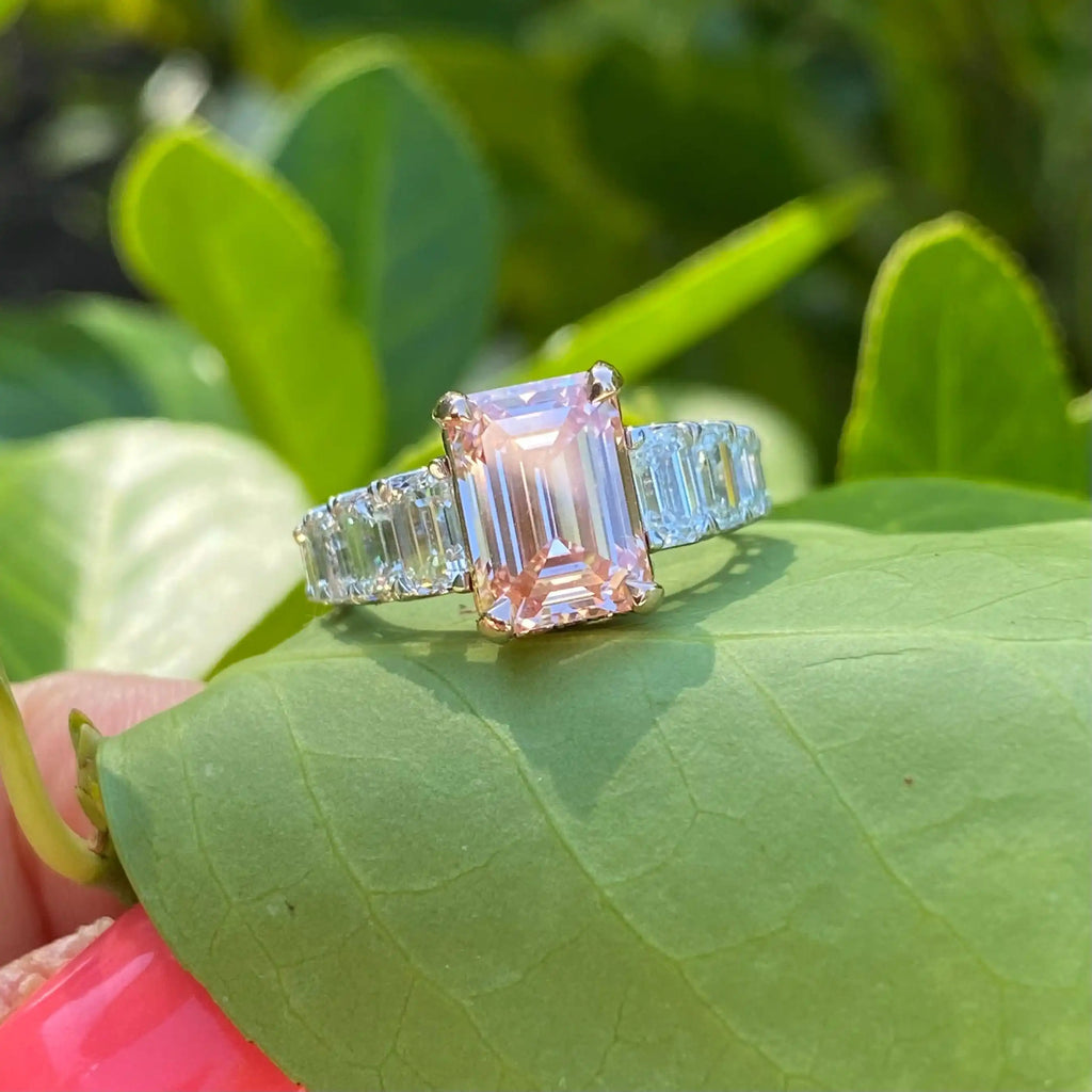 Exquisite 6.22 Ct Carat Emerald Cut Lab-grown Intense Pink Micro Pave Set Diamonds Engagement Ring 14k White Rose Gold IGI