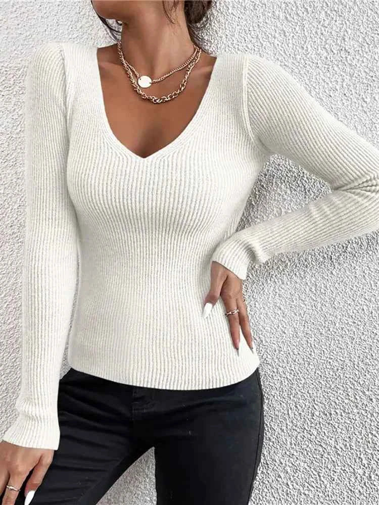 2026 Autumn Winter Women Solid Rib Knit V Neck Stripe Pull Sweater Femme Y2k Long Sleeve Pullover Jersey Tops Fashion Clothes