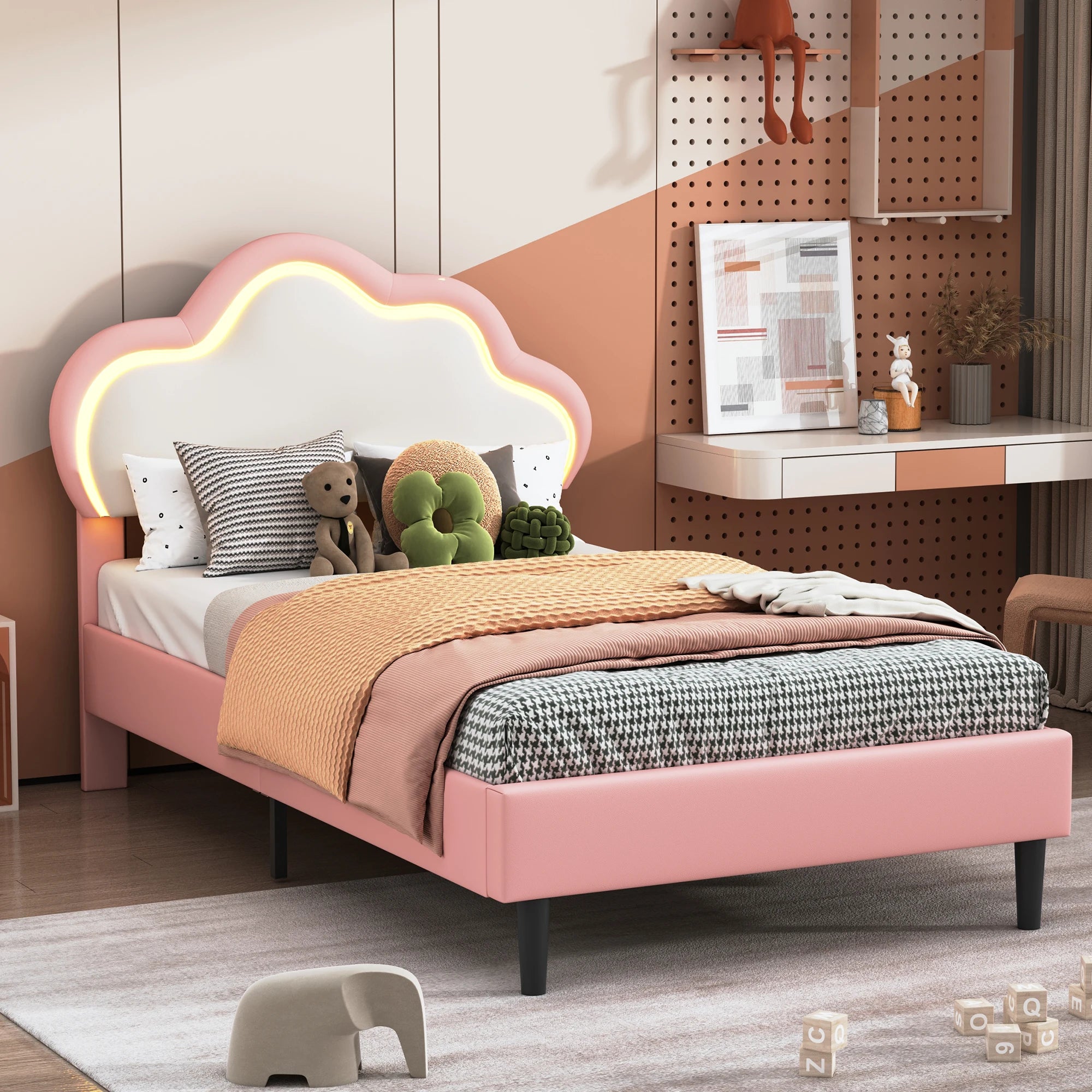 Comanlai Children's Bed  90x200cm with LED Light and Crown-shaped Headboard,Upholstered Bed with Slatted Frame,PU Leather,Pink