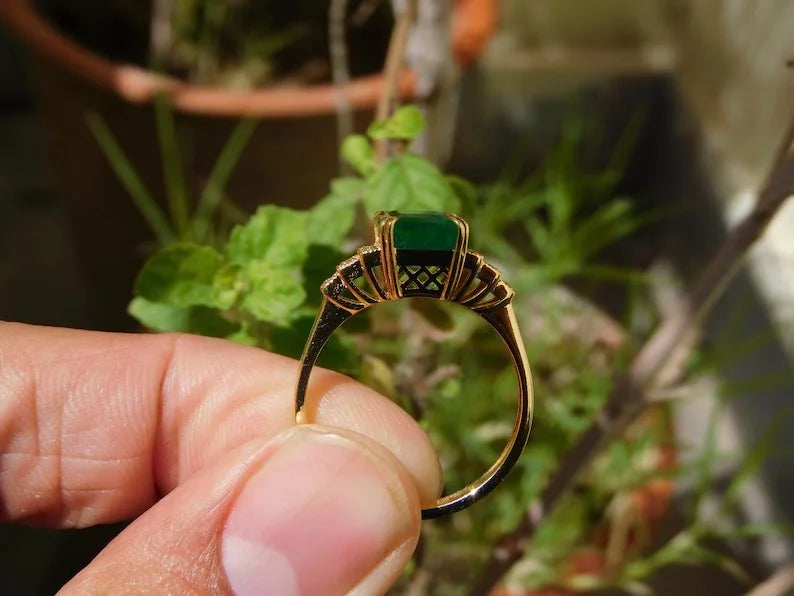14K Yellow Gold Delicate Stacking Fine Ring Vintage Wedding Anniversary & Engagement Band with Full Eternity Cut Emerald