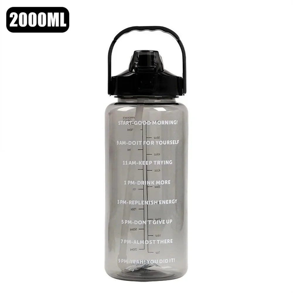 1pack 2L Water Bottle with Time Marker, Leak Proof, Non-Slip, Plastic Portable Travel Water Bottle Fitness Cup With Cute Stickes