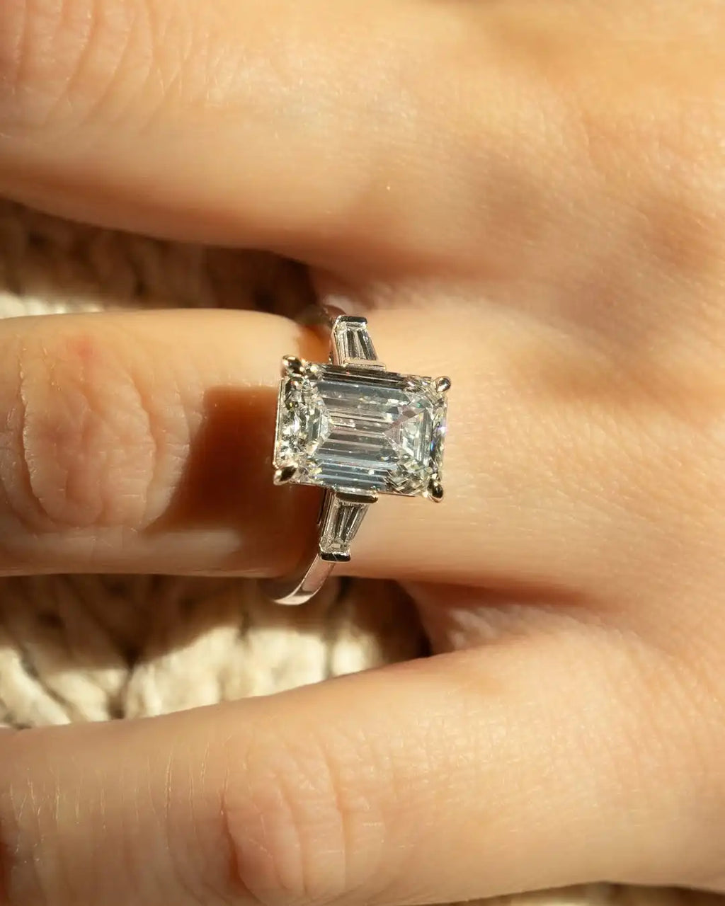Elegant 12x8 mm Emerald Cut White Moissanite Engagement Ring with Side Baguette Stones | 925 Silver or 10k 14k 18k Gold