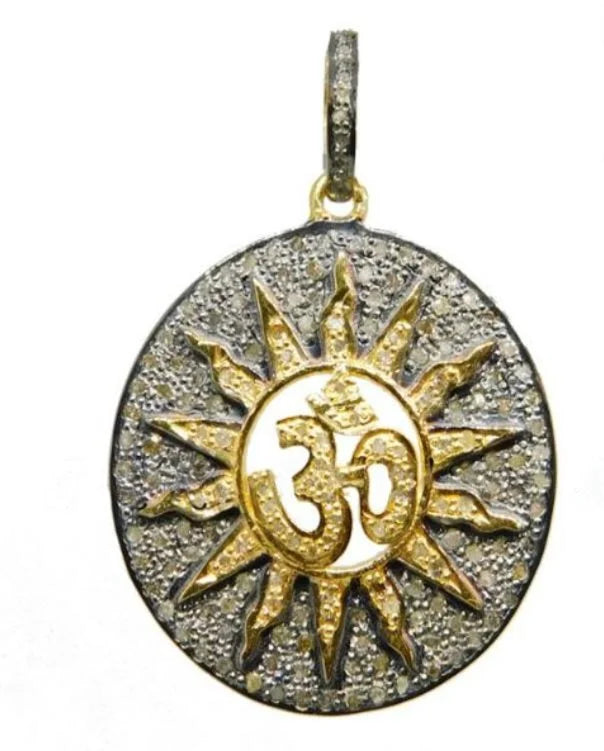 OM 925 Sterling Silver Natural Pave Diamond Women's Vintage Black Rhodium Plated Pendant 30x30MM 8.0g Indian Made Wedding