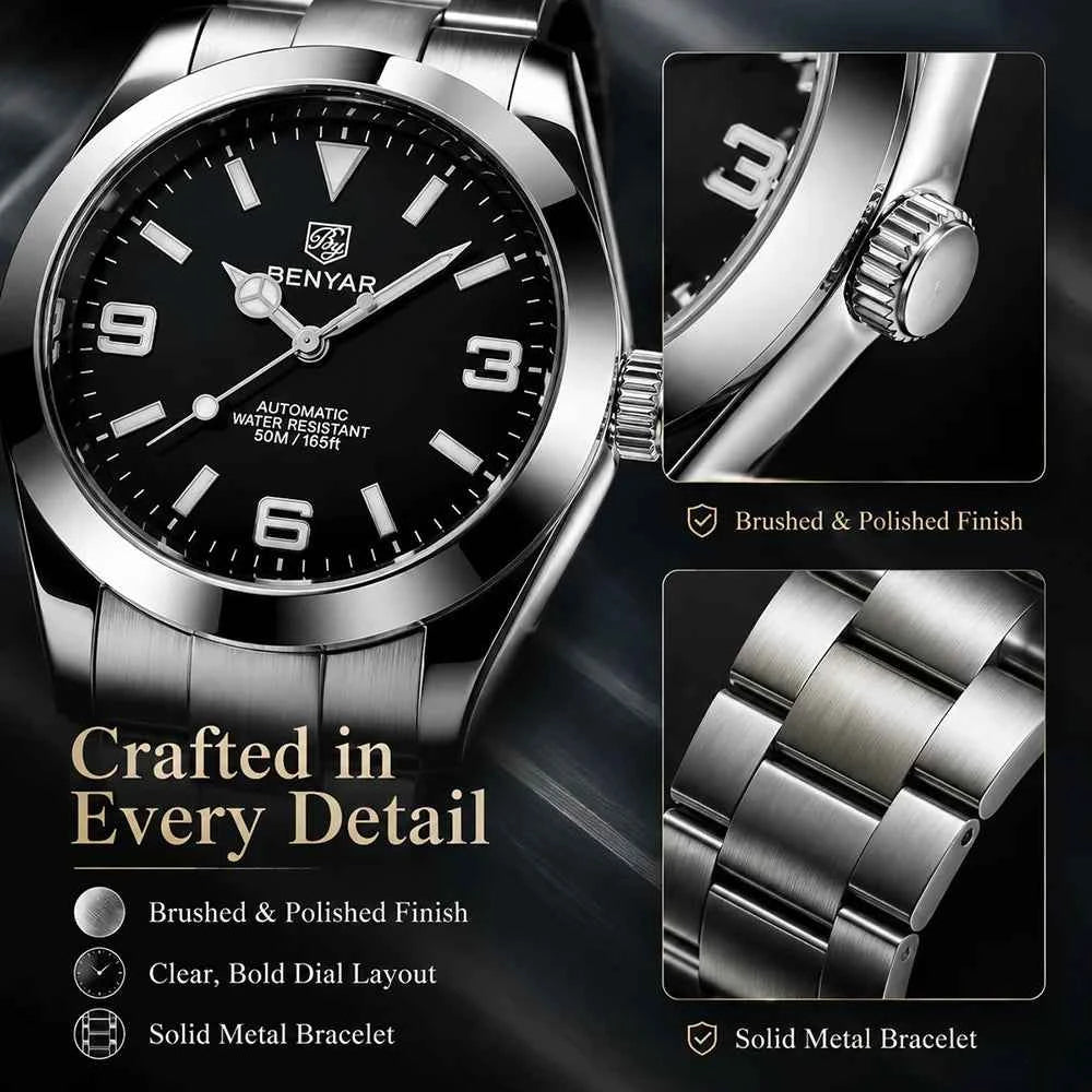 BENYAR Luxury Men Mechanical Wristwatches Stainless Steel Sports Men Automatic Watches 50ATM waterproof Clock