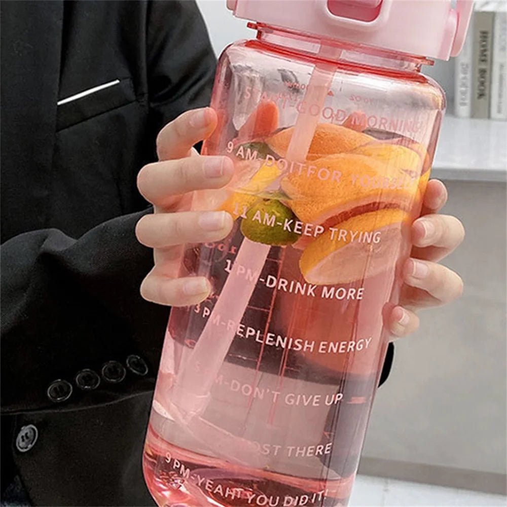1pack 2L Water Bottle with Time Marker, Leak Proof, Non-Slip, Plastic Portable Travel Water Bottle Fitness Cup With Cute Stickes