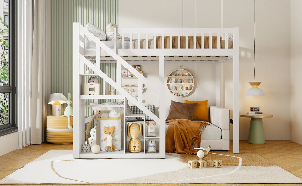 Rosahqnda children's high bed 90x200 cm 140x200 cm, children's bed with crash protection, stair, storage space, bunk bed, solid wood