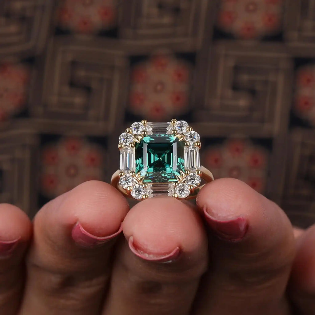 2.00 CT Green Asscher Baguette Cut Engagement Ring Lab grown Diamond Halo 14K Gold Prong Setting Trendy Wedding Gift for Women