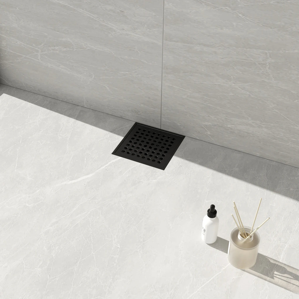 Dropshipping Available Modern 6x6 Inch Black Stainless Steel Square Floor Drain Rectangle Design Plastic Base for Bathroom Use