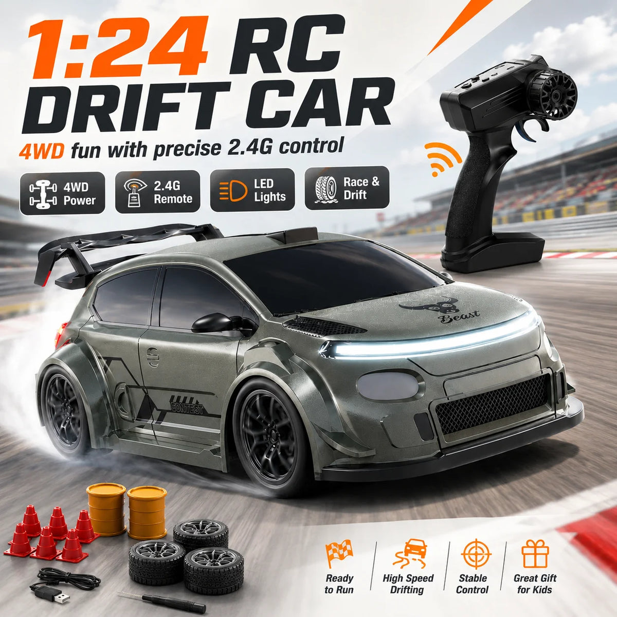 1:24 RC Drift Car 4WD With LED Lights & Swap Tires