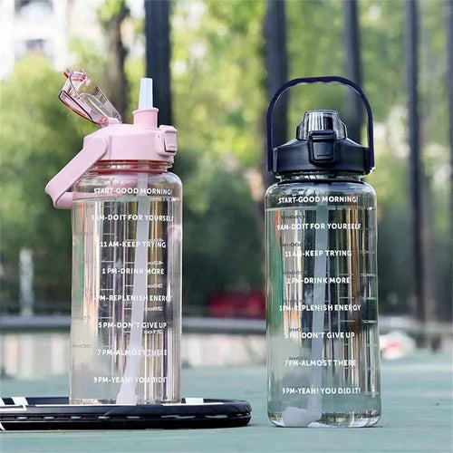 1pack 2L Water Bottle with Time Marker, Leak Proof, Non-Slip, Plastic Portable Travel Water Bottle Fitness Cup With Cute Stickes