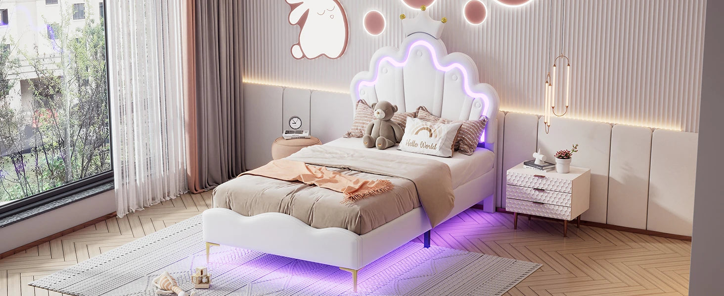 Rosahqnda Children's bed girls Single bed Double Bed Children bed Princess Crown Shape bed Adjustable Headboard