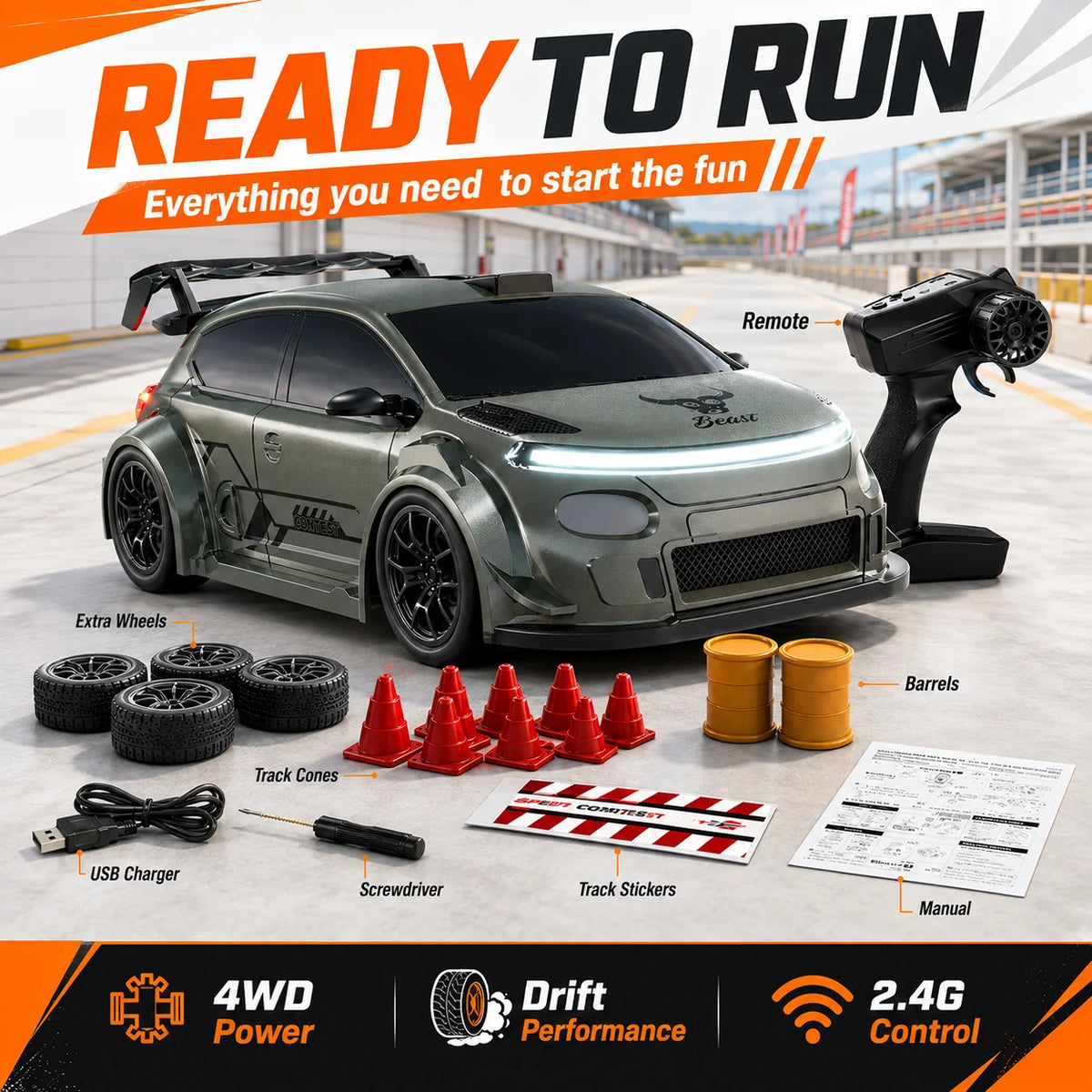 1:24 RC Drift Car 4WD With LED Lights & Swap Tires