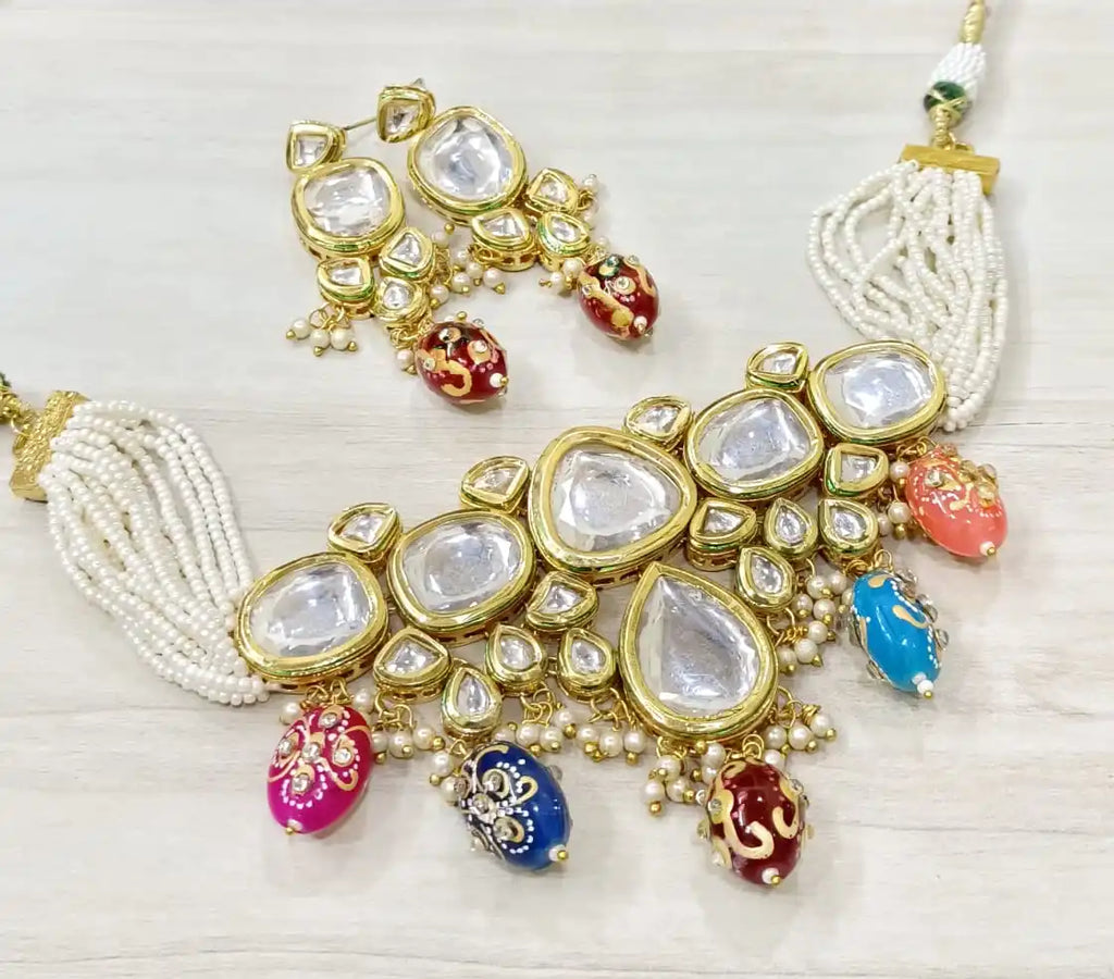 Luxury Multicolor Gemstone Long Necklace Earrings Bracelet Set Gold Plated Kundan Polki Beaded Statement Wedding Jewelry for
