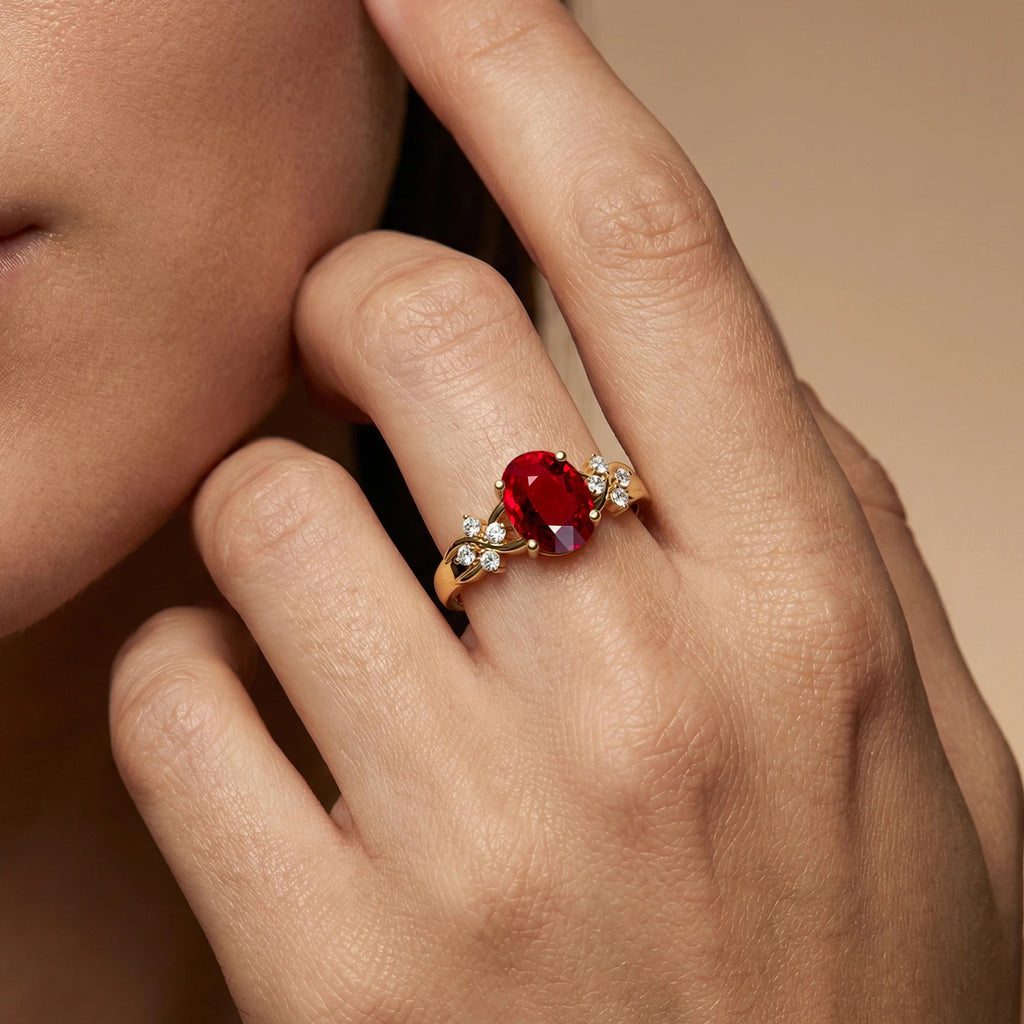 18k Solid Gold July Birthstone Lab Grown Ruby Gemstone Halo Solitaire Rings Real IGI Certified White Diamonds With Lab Ruby Ring