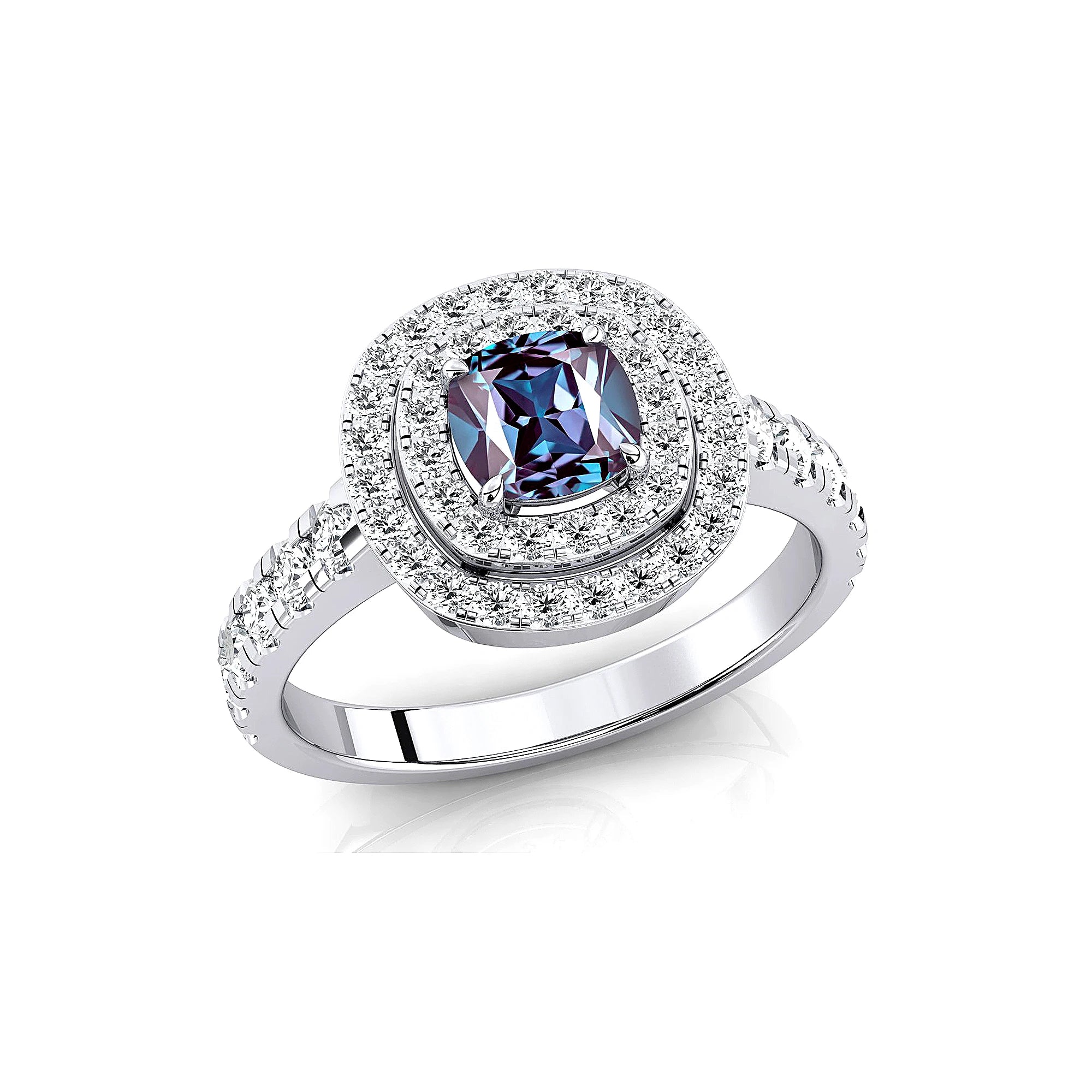 18k Solid Gold Handmade Rings Cushion Cut Lab Grown Alexandrite Gemstone and Real Diamonds Wedding Rhodium Plated Halo Ring