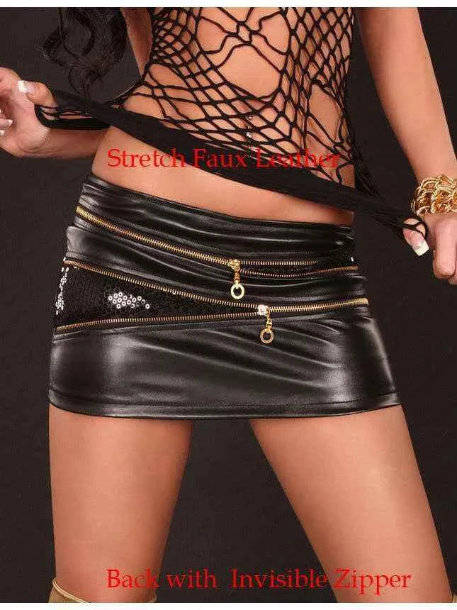 Women's Black Leather Micro Mini Skirt with Zippers Fashionable Mini Skirt for Women