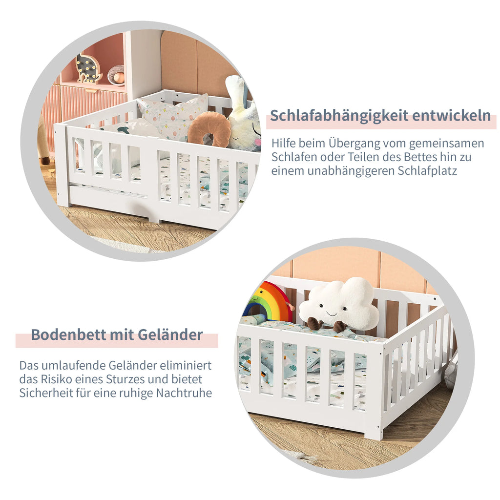 Children's Bed 90x200 cm, Children's Bed with Guardrail and Slatted Base, Montessori Bed, Solid Pine Wood Floor Bed for Children and Babies