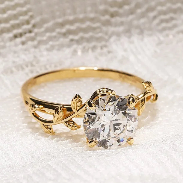 10mm Round Cut Moissanite Engagement Ring | Leaf Vine Design Solitaire | Gold or Silver Bridal Wedding Fine Jewelry OEM