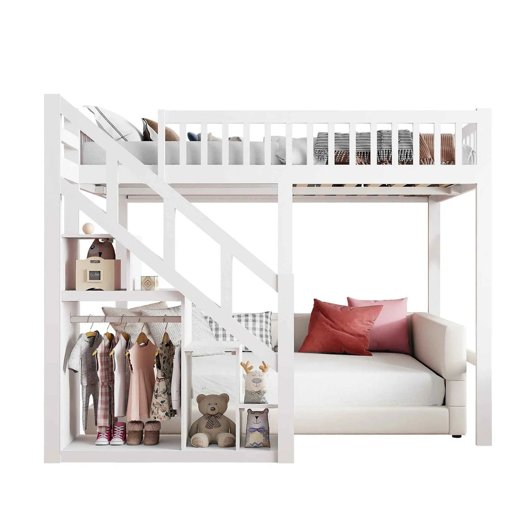 Rosahqnda children's high bed 90x200 cm 140x200 cm, children's bed with crash protection, stair, storage space, bunk bed, solid wood