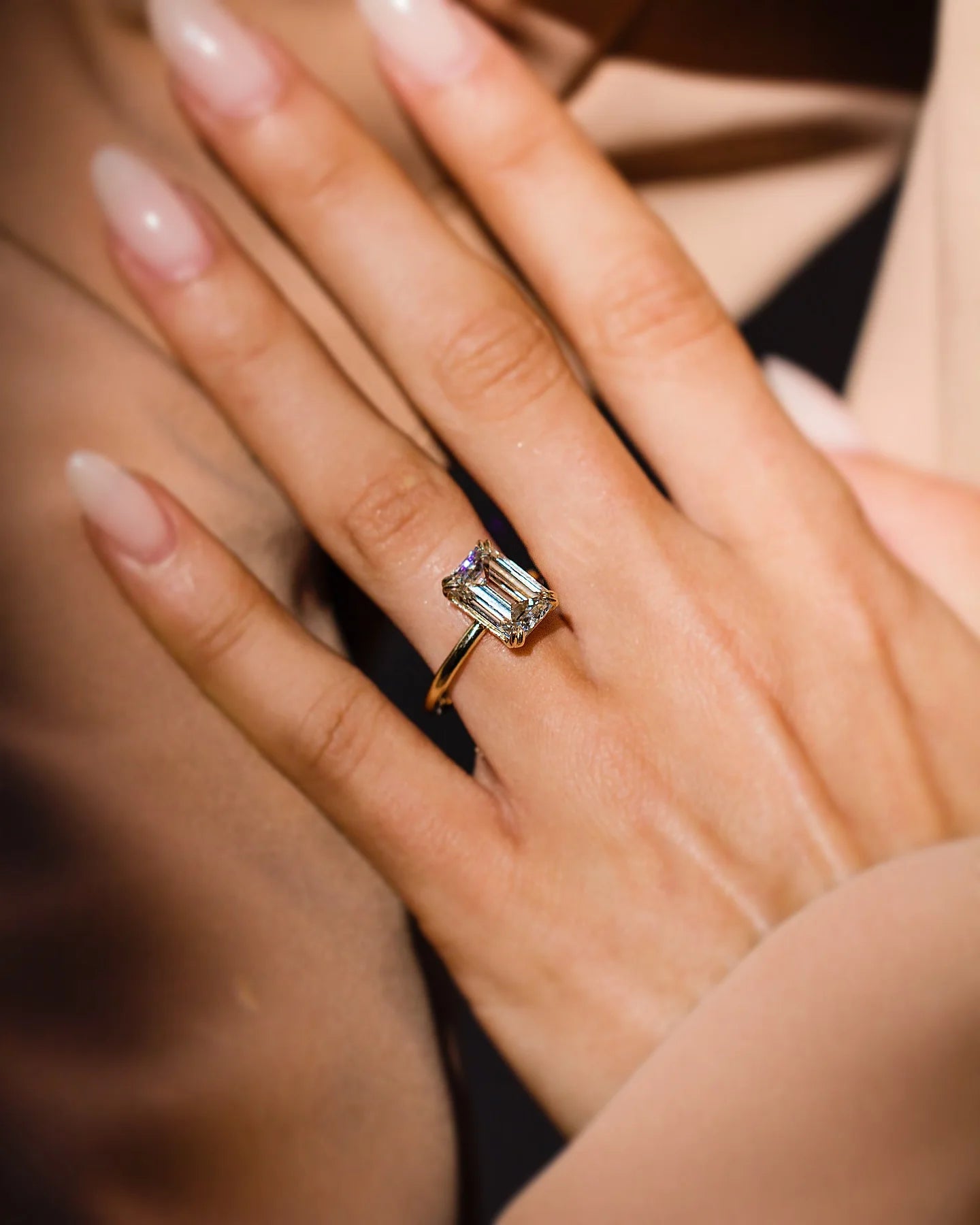 10x7mm Emerald Cut Moissanite Solitaire Engagement Ring in Classic Four Prong Gold Setting | Bridal Wedding Jewelry