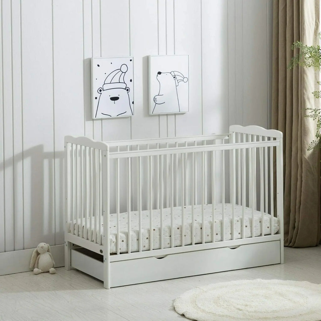 mcc direct Brooklyn Baby Cot Crib with Water Repellent Mattress & Wheeled Drawer & Safety Wooden Barrier - 125 X 85 X 66 CM