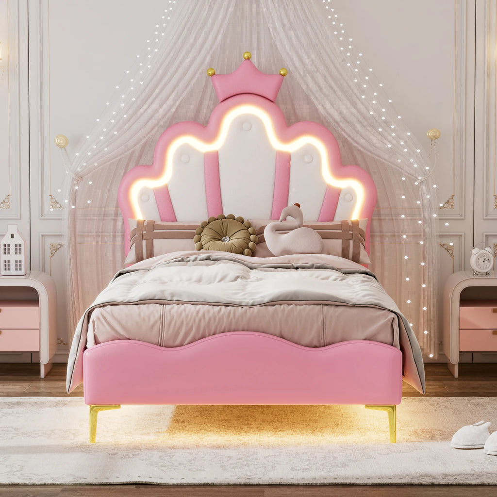 Rosahqnda Children's bed girls Single bed Double Bed Children bed Princess Crown Shape bed Adjustable Headboard