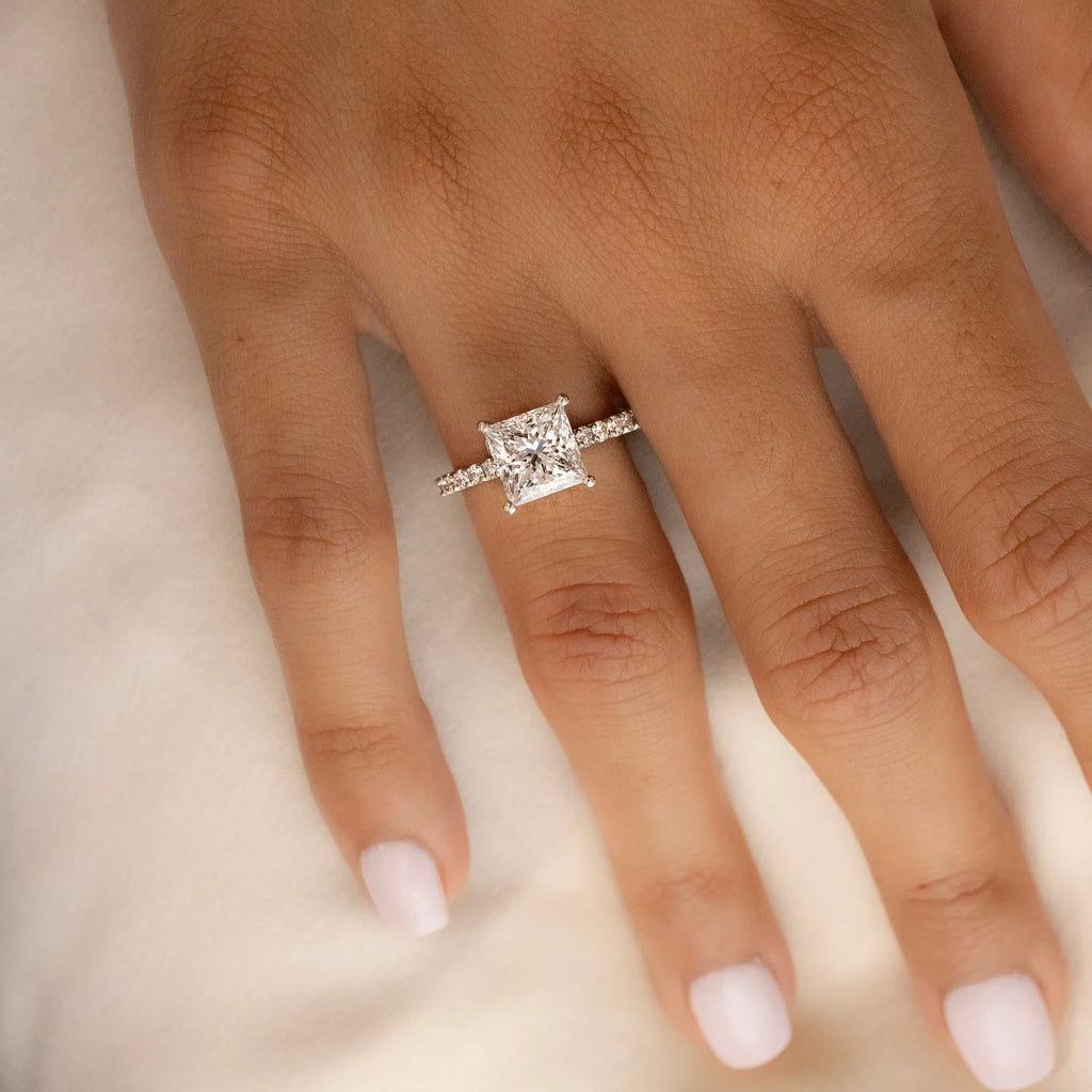 Princess Cut 9mm Moissanite Engagement Ring With Pave Band White Gold Plated Four Prong Wedding Fine Jewelry For Women