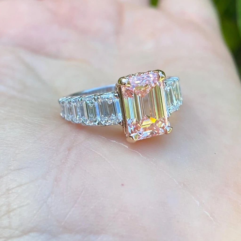 Exquisite 6.22 Ct Carat Emerald Cut Lab-grown Intense Pink Micro Pave Set Diamonds Engagement Ring 14k White Rose Gold IGI