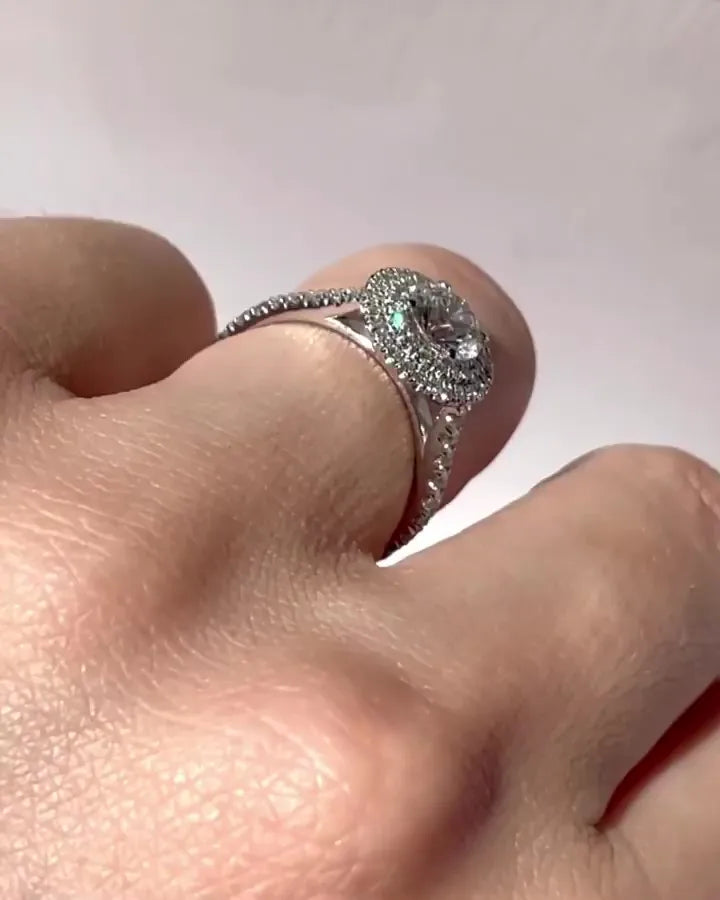 8mm Round Cut Moissanite Halo Engagement Ring | Pave Band Wedding Ring | Silver or Gold Fine Jewelry Custom OEM