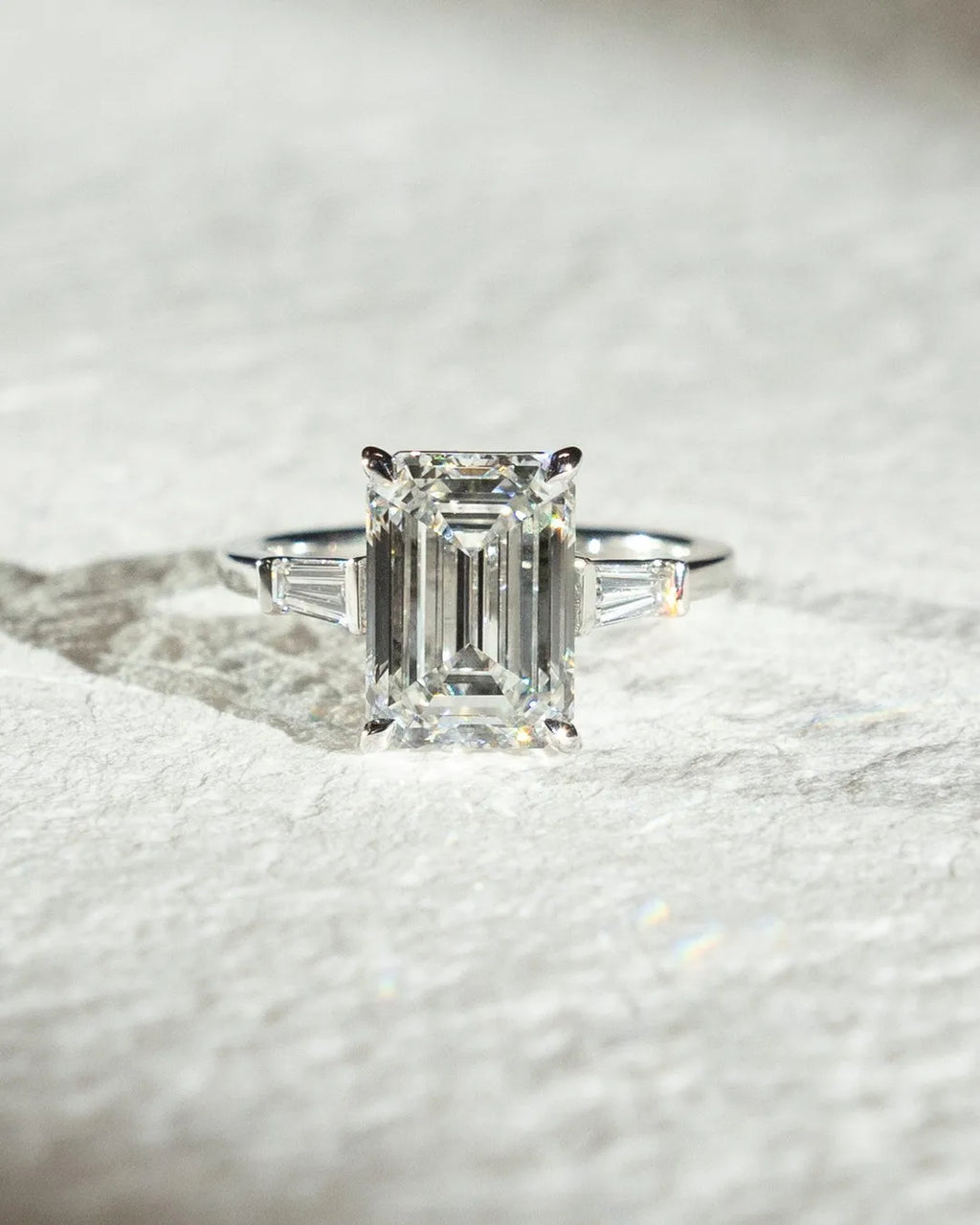 Elegant 12x8 mm Emerald Cut White Moissanite Engagement Ring with Side Baguette Stones | 925 Silver or 10k 14k 18k Gold