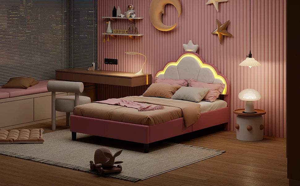 Children's bed 90x200 cm, Princess Crown-shaped bed with Adjustable bed Head, Girl bed with LED, Single bed, Pink