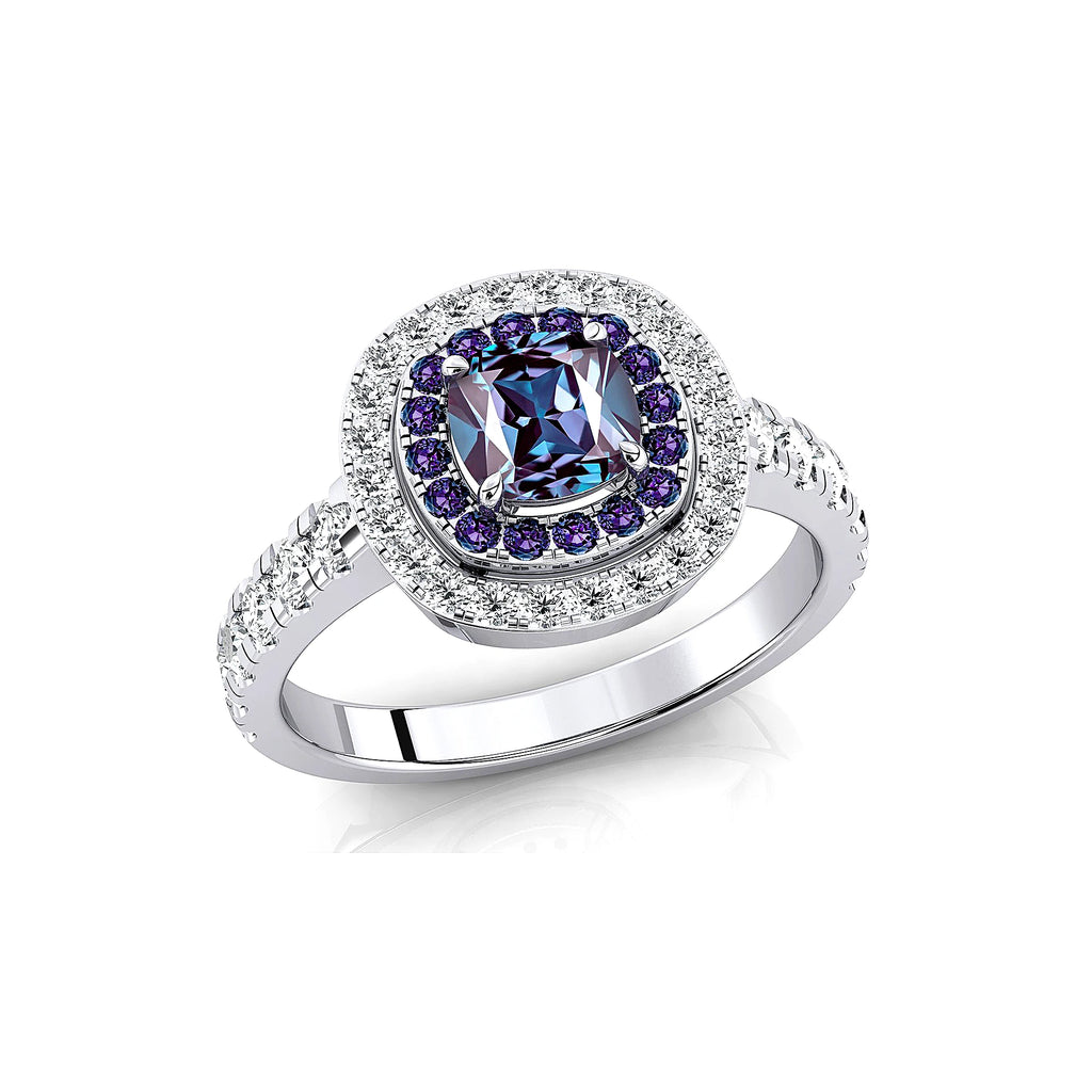 18k Solid Gold Handmade Rings Cushion Cut Lab Grown Alexandrite Gemstone and Real Diamonds Wedding Rhodium Plated Halo Ring