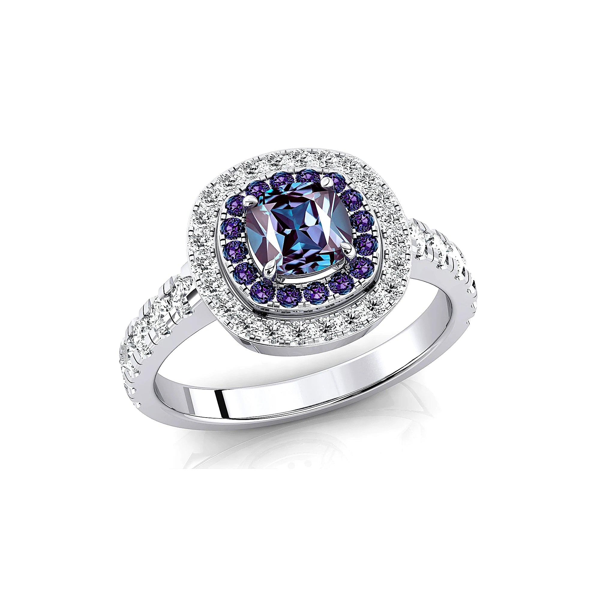 18k Solid Gold Handmade Rings Cushion Cut Lab Grown Alexandrite Gemstone and Real Diamonds Wedding Rhodium Plated Halo Ring