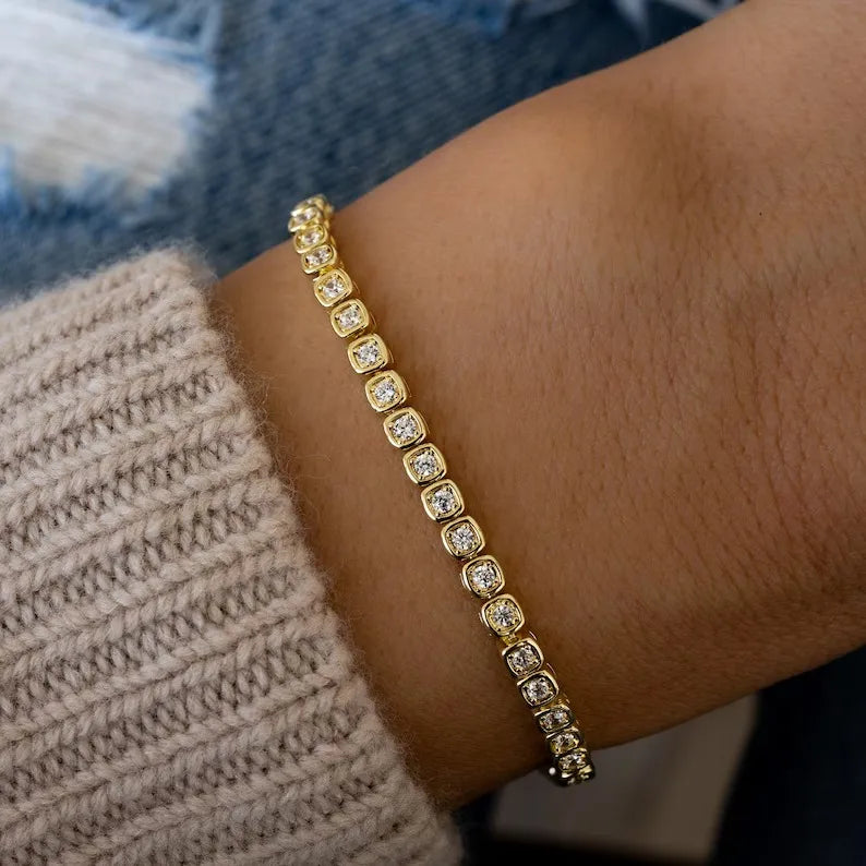 925c Silver Tennis Bracelet With Round Cut Moissanite Diamonds Square Settings Perfect Luxury Bracelet Gift For Women