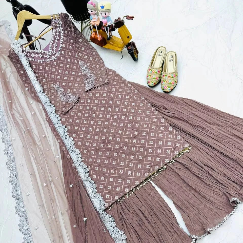 Tennecy Unique Design Silk Salwar Kameez Matching Palazzo Dupatta Set Indian Pakistan Diwali Wedding Parties Wrinkle-Free