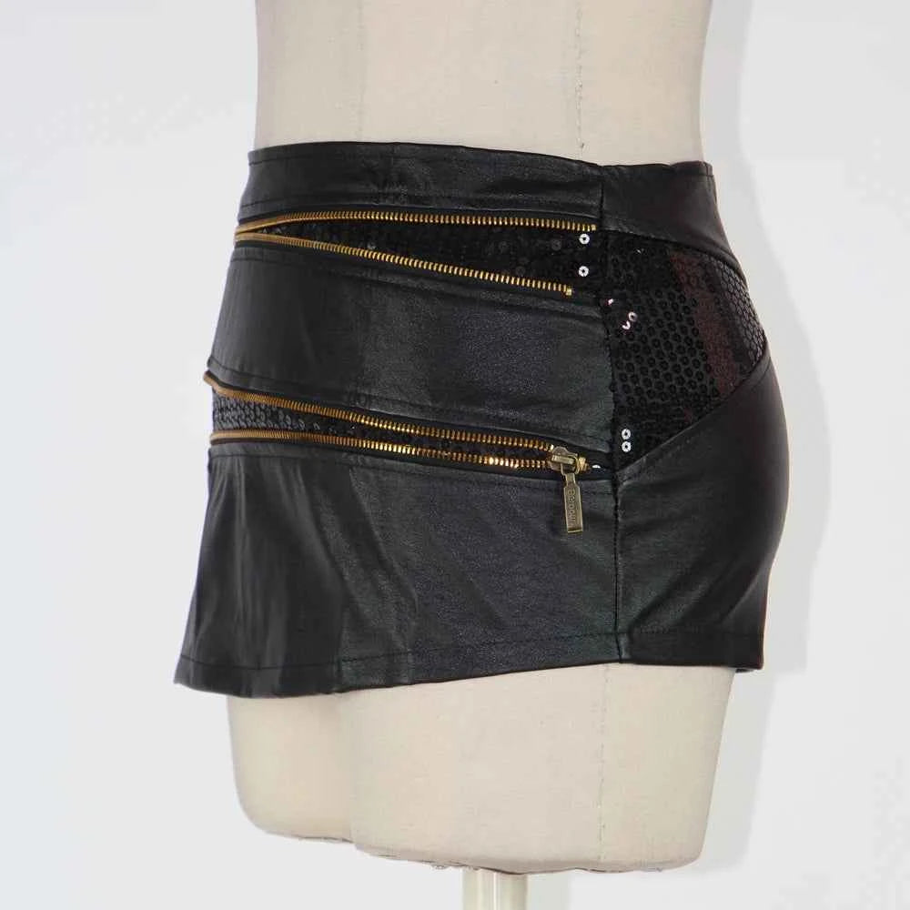 Women's Black Leather Micro Mini Skirt with Zippers Fashionable Mini Skirt for Women