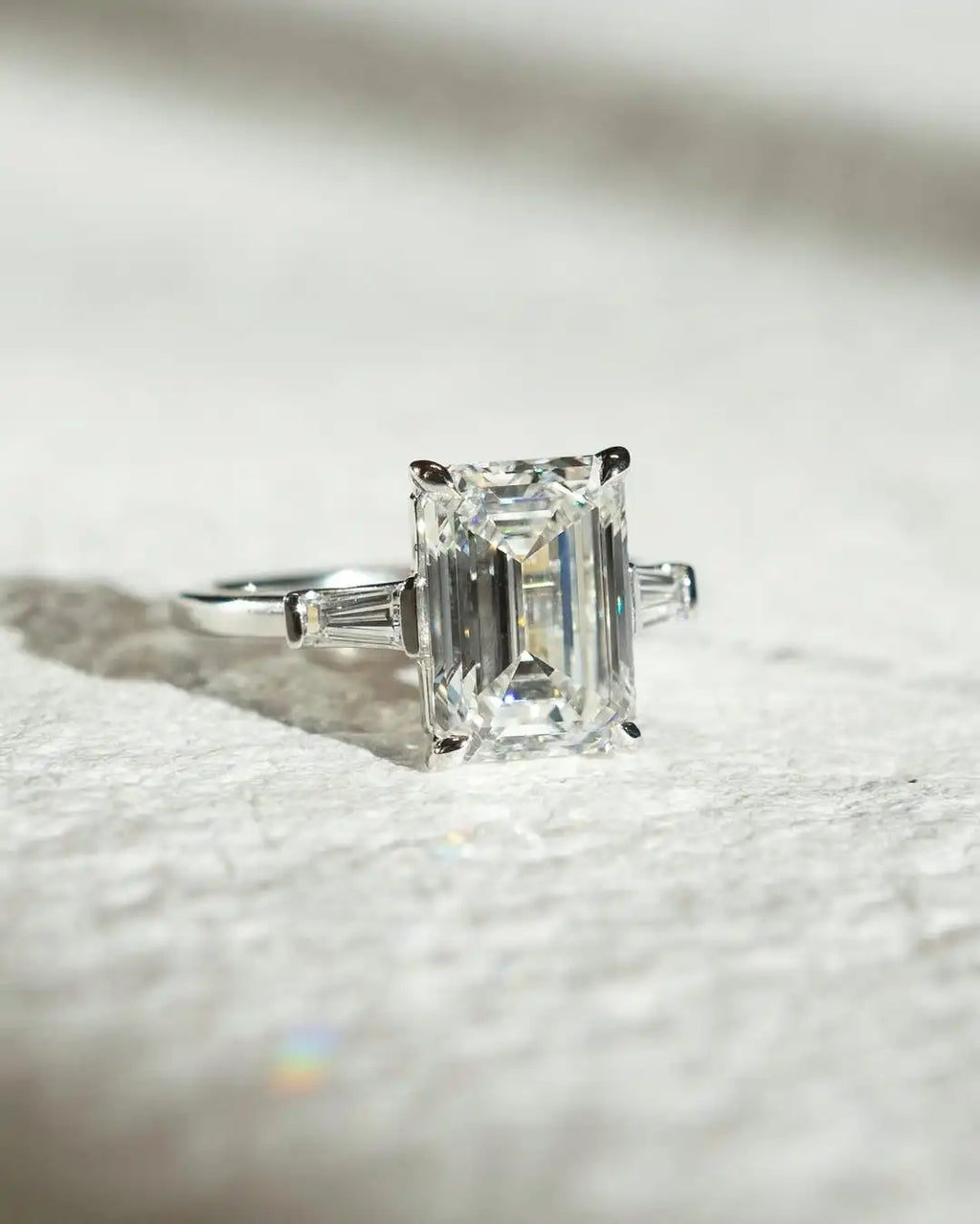 Elegant 12x8 mm Emerald Cut White Moissanite Engagement Ring with Side Baguette Stones | 925 Silver or 10k 14k 18k Gold