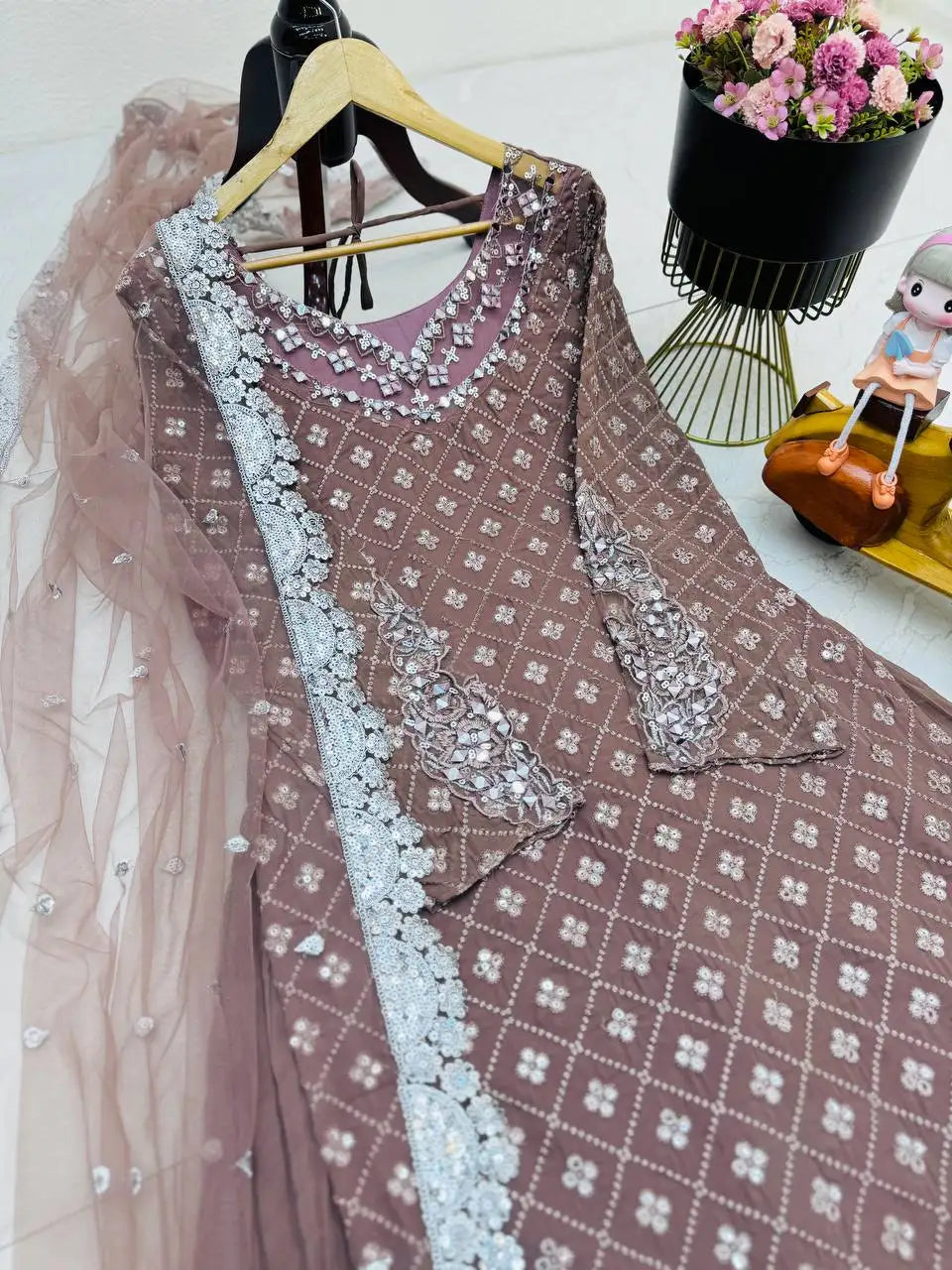 Tennecy Unique Design Silk Salwar Kameez Matching Palazzo Dupatta Set Indian Pakistan Diwali Wedding Parties Wrinkle-Free