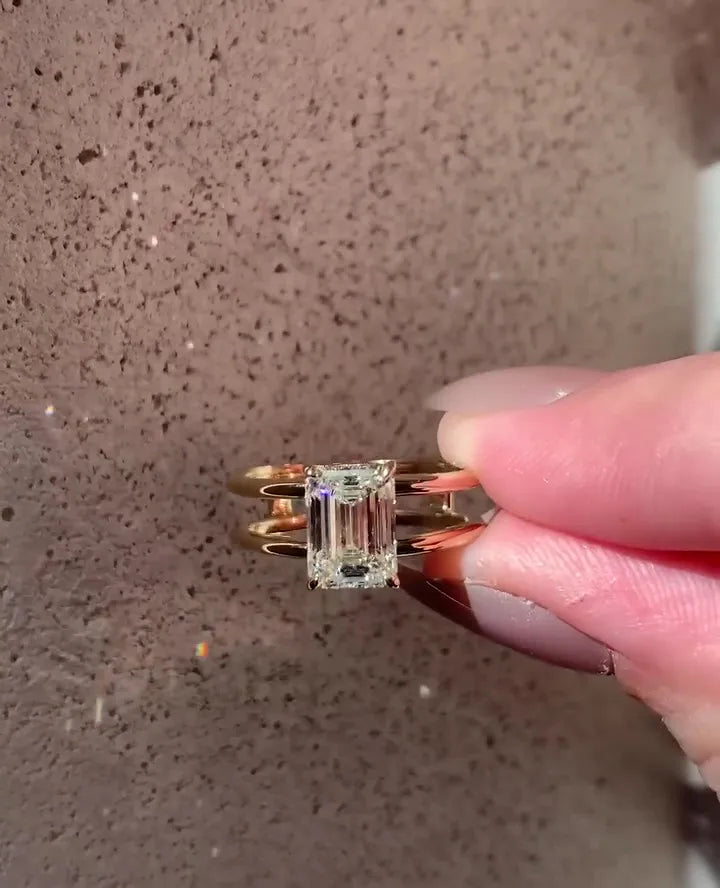 6x9 mm emerald cut moissanite solitaire dual band ring modern double band engagement jewelry