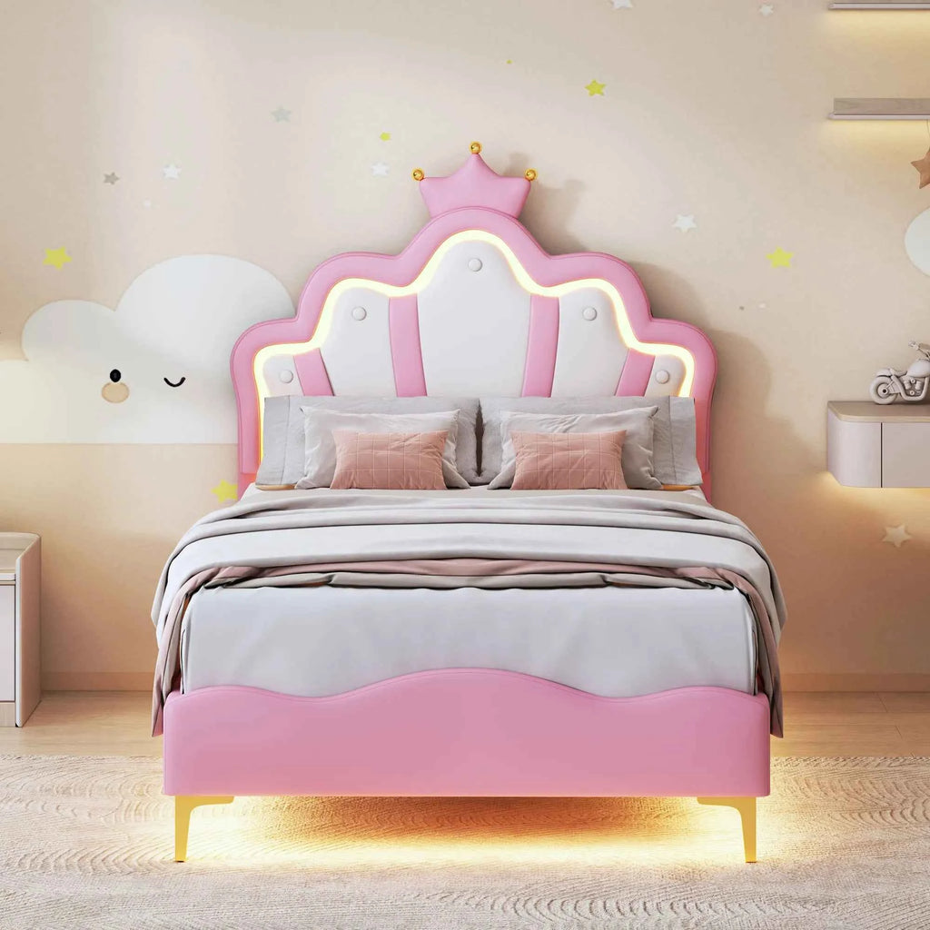 Rosahqnda Children's bed girls Single bed Double Bed Children bed Princess Crown Shape bed Adjustable Headboard
