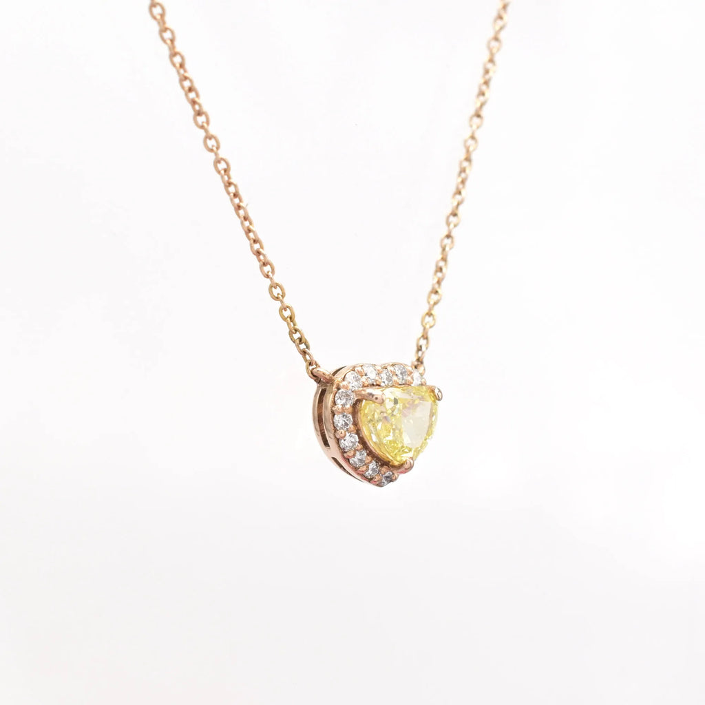 Ready To Ship 14k Rose Gold Heart Halo Engagement Necklace 0.71 CT Heart Cut Yellow Adjustable Necklace IGI Certified Jewelry