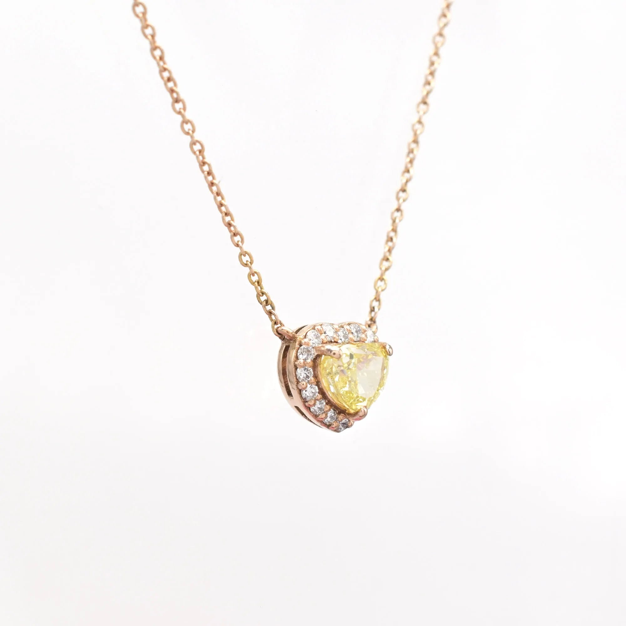 Ready To Ship 14k Rose Gold Heart Halo Engagement Necklace 0.71 CT Heart Cut Yellow Adjustable Necklace IGI Certified Jewelry
