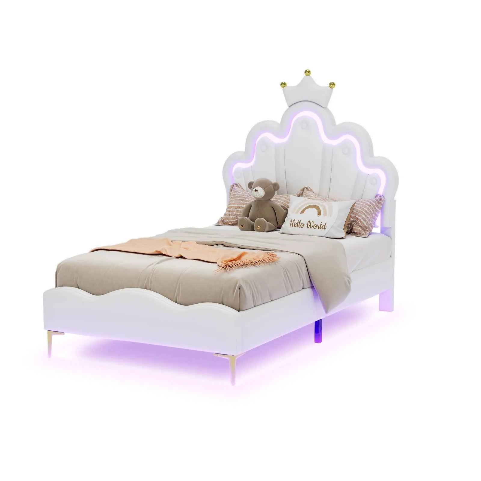 Rosahqnda Children's bed girls Single bed Double Bed Children bed Princess Crown Shape bed Adjustable Headboard