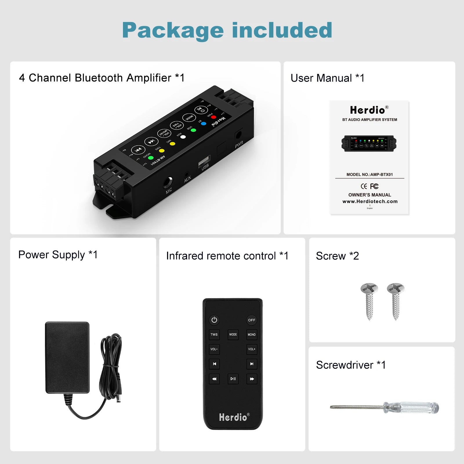 Herdio 4-Channel Bluetooth Audio Amplifier with Remote Control for Bathroom Wall/Ceiling Speakers  EU/US/UK/AU Compatible