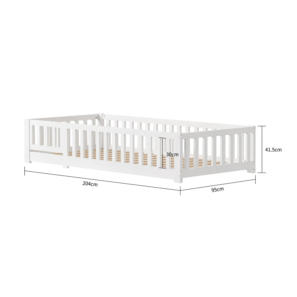 Children's Bed 90x200 cm, Children's Bed with Guardrail and Slatted Base, Montessori Bed, Solid Pine Wood Floor Bed for Children and Babies