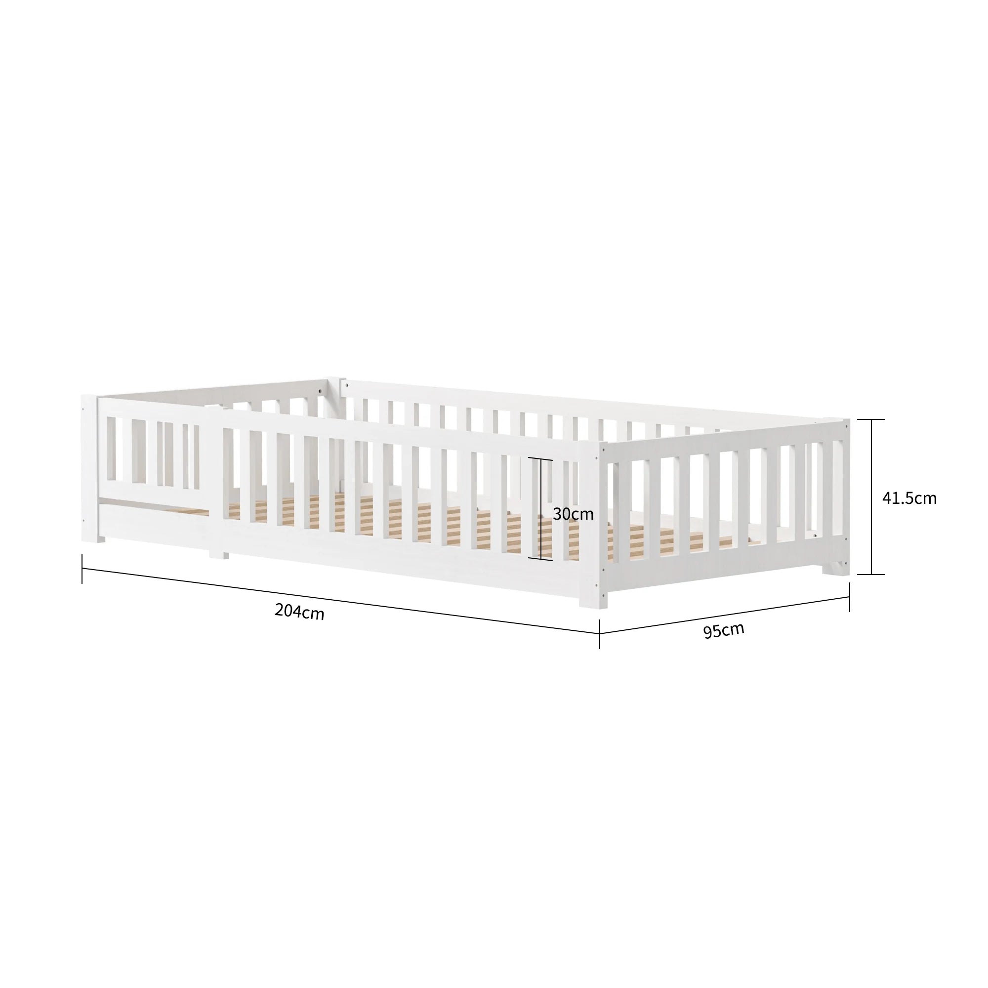 Children's Bed 90x200 cm, Children's Bed with Guardrail and Slatted Base, Montessori Bed, Solid Pine Wood Floor Bed for Children and Babies